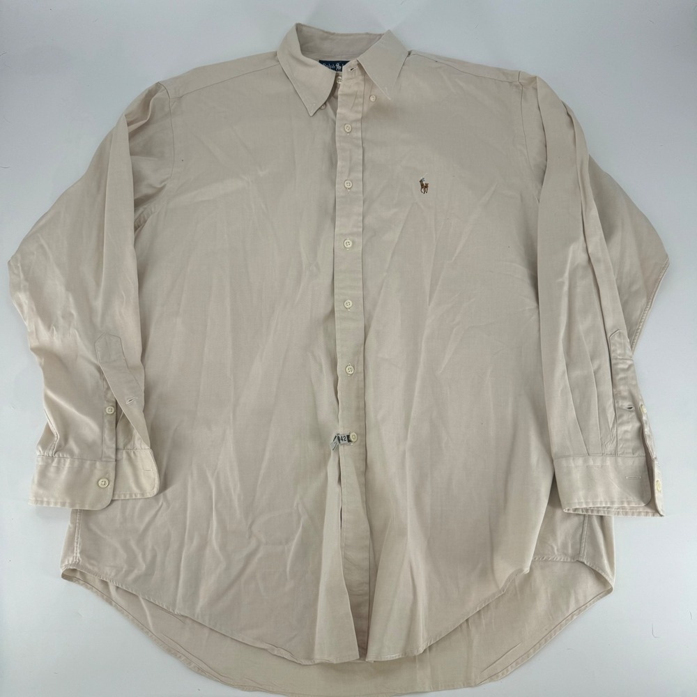 Ralph Lauren Yarmouth Mens 17-35 Tan Beige Cotton Button Down Shirt Long Sleeve